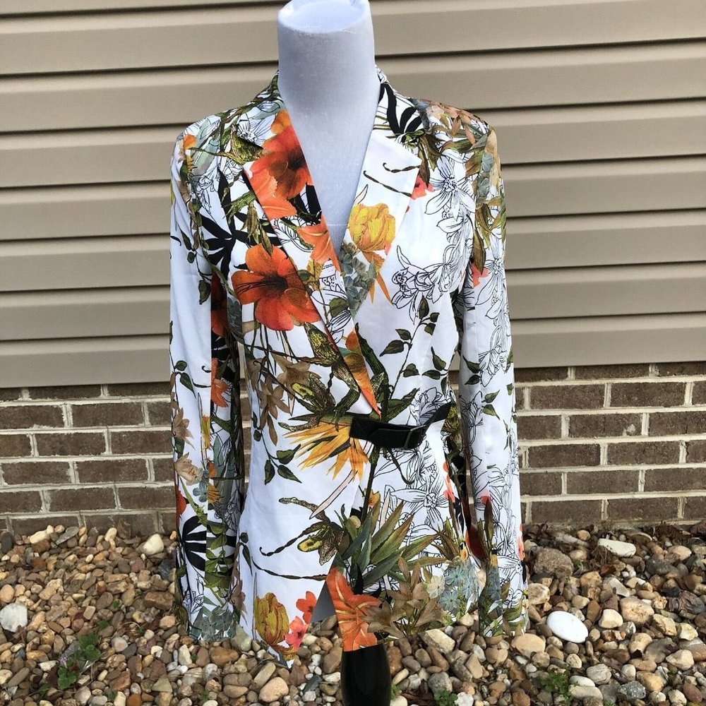 Womens Tropical Jacket Floral Side Belt Hibiscus Size S Colorful Career Tailored